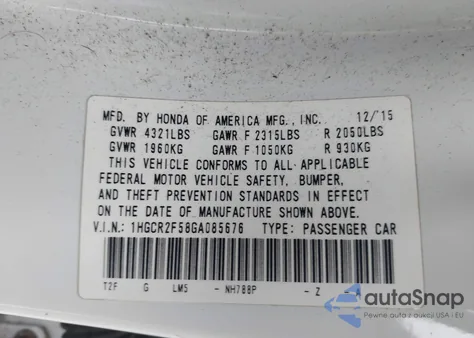 2016 Honda Accord Sport z USA, uszkodzony, nr VIN 1HGCR2F58GA085676